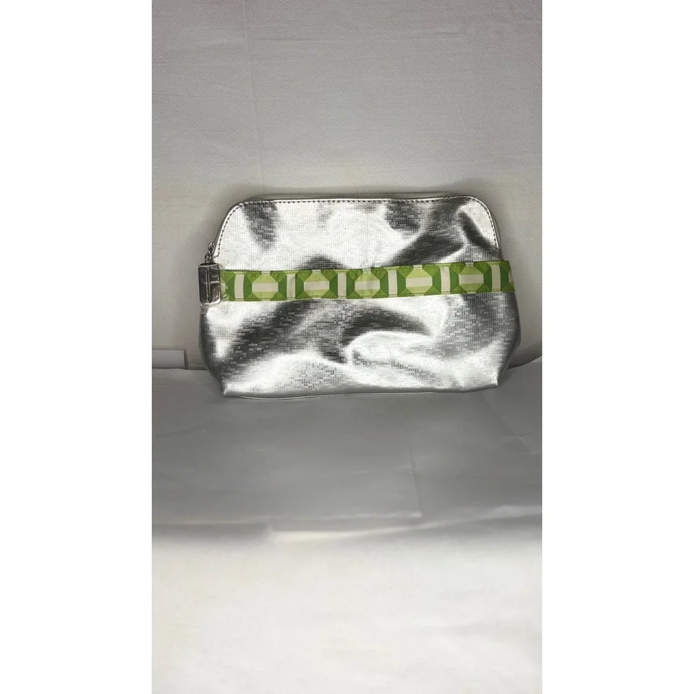 Clinique Silver Metallic Grid Makeup Bag Green Geometric Ribbon Cosmetic Case